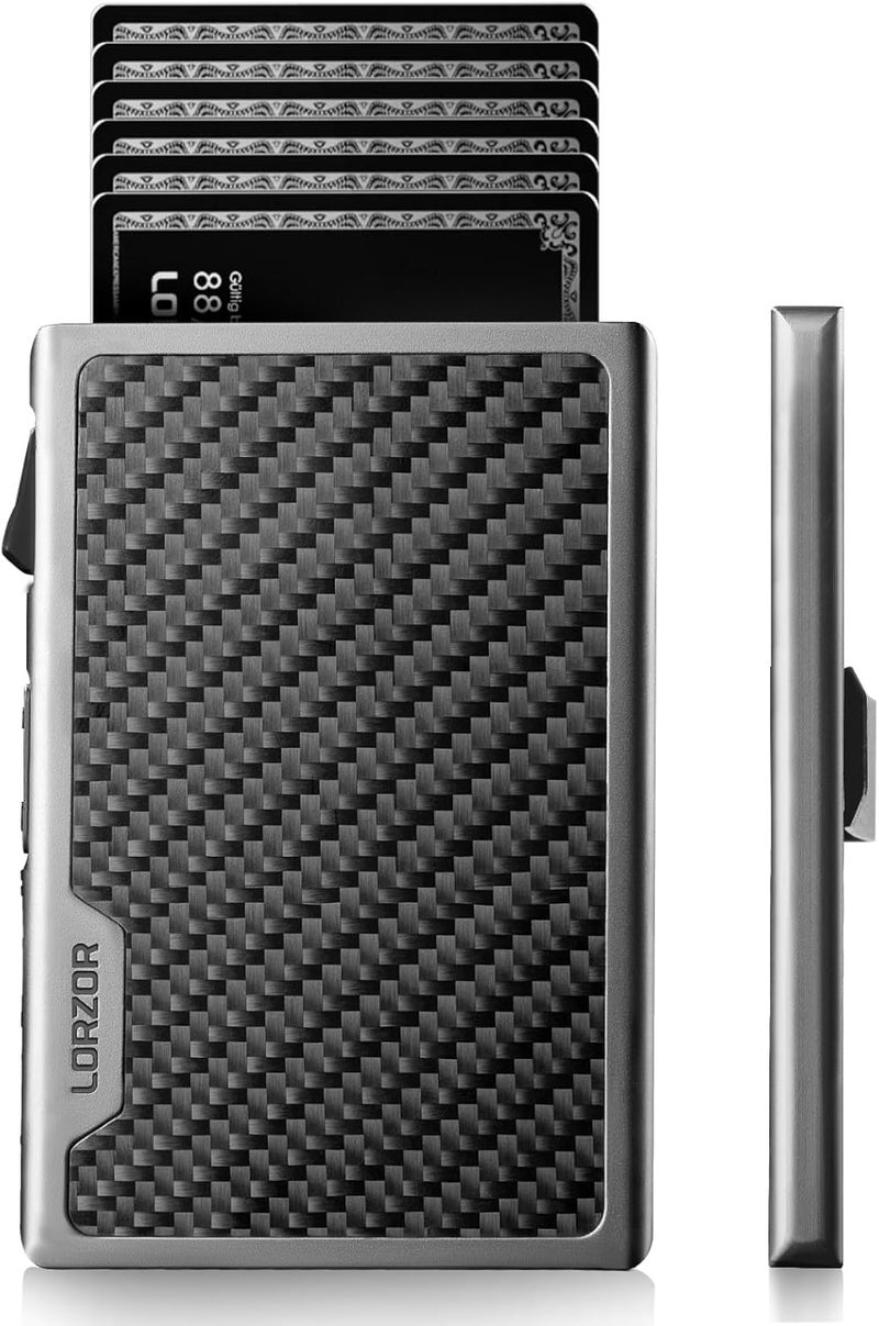 LORZOR Carbon Fiber Wallet for Men, 0.3IN Ultra-slim Minimalist Card Holder with Money Clip, Trigger Button for Quick Card Access, Ultra-light Aerospace Aluminum, RFID-Blocking, Gift Box - Image 1